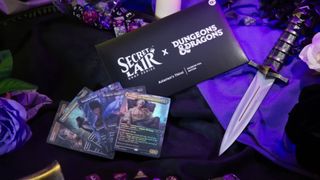 Secret Lair cards for D&D on a silk backdrop, surrounded by a dagger and dice