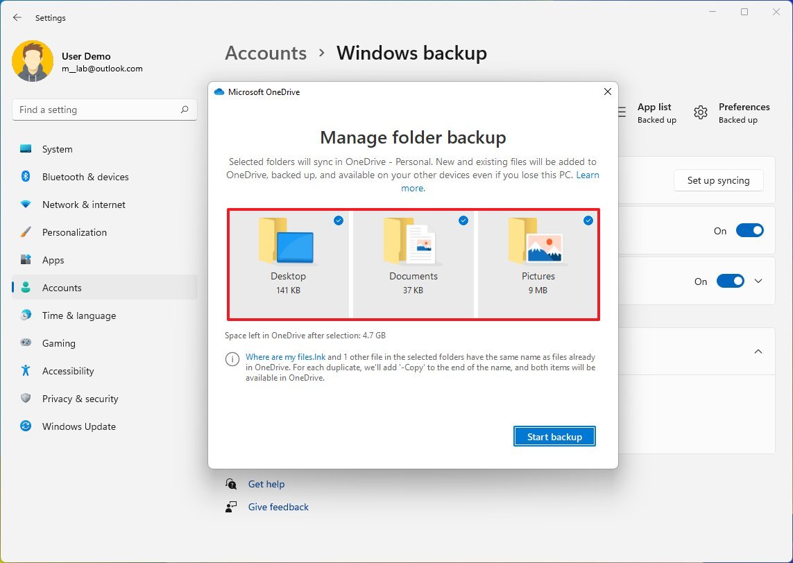 OneDrive manage folder backup