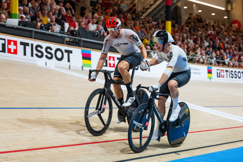 Cyclists of team Germany compete during the men's Madison race of the UCI Track Cycling World Championships in Ballerup, Denmark, on October 20, 2024. (Photo by JONATHAN NACKSTRAND / AFP)