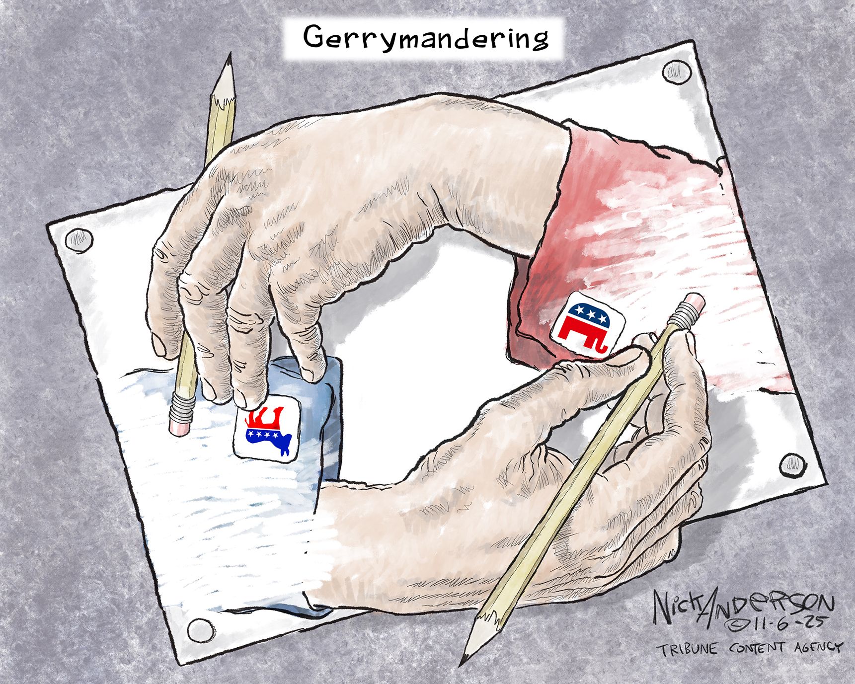 
                                This political cartoon is titled “Gerrymandering” and is a takeoff on the M.C. Escher lithograph named “Drawing Hands” where two  hands draw each other. In this version, a Republican and Democratic hand are erasing each other rather than drawing each other.
                            