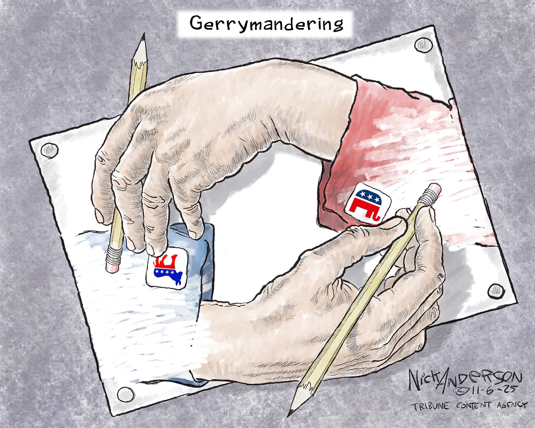 This political cartoon is titled &amp;ldquo;Gerrymandering&amp;rdquo; and is a takeoff on the M.C. Escher lithograph named &amp;ldquo;Drawing Hands&amp;rdquo; where two hands draw each other. In this version, a Republican and Democratic hand are erasing each other rather than drawing each other.