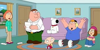 Chris cheering in excitement on Family Guy