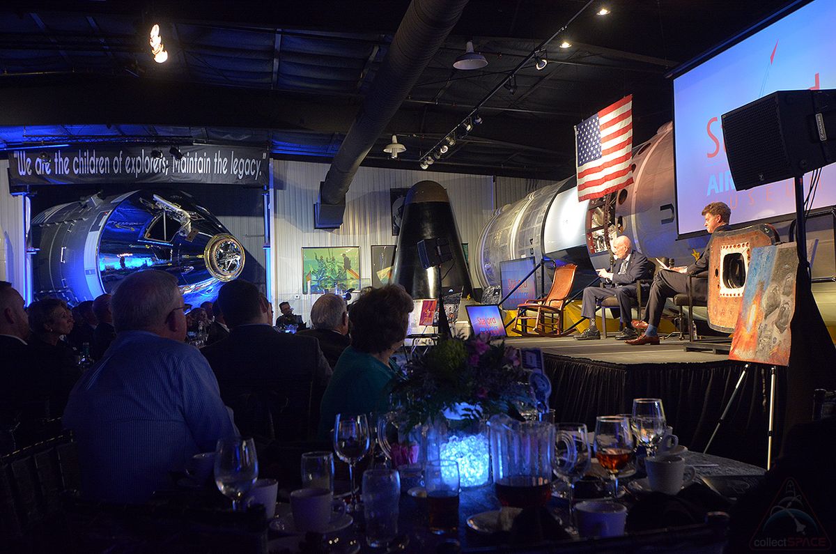 Thomas Stafford recalls his launch aboard Apollo 10, 50 years ago Saturday, May 18, 2019, with emcee Mark Larson at the Stafford Air and Space Museum in Weatherford, Oklahoma.