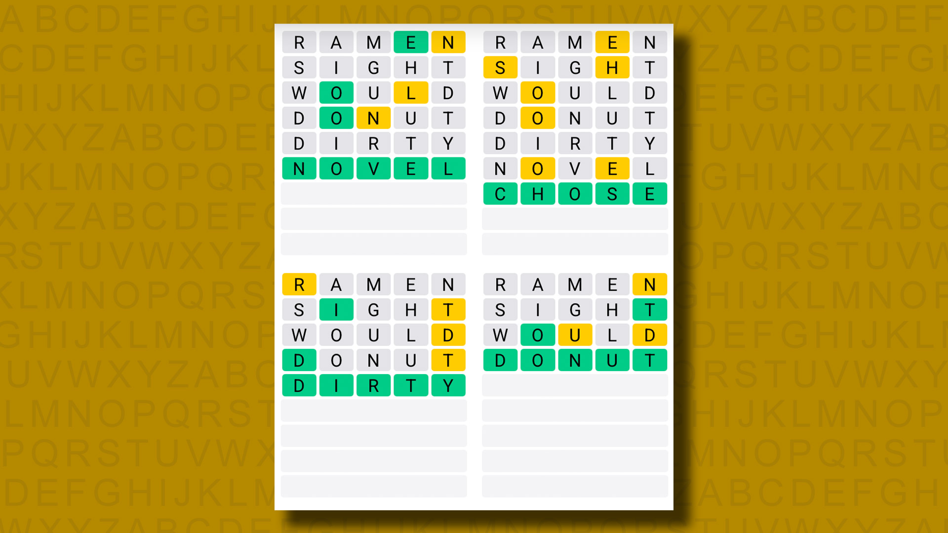 Quordle answers for game 1213 on a yellow background