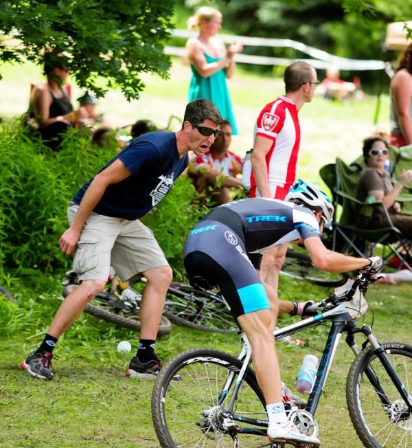 Subaru-Trek team manager Jon Rourke giving encouragement to Jeremy-Horgan Kobelski with one lap to go.