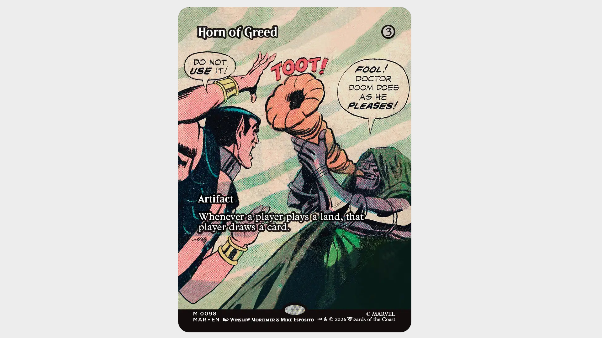 MTG Horn of Greed card showing Namor yelling at Doctor Doom not use a horn, and Doom using it with a &#039;toot!&#039; sound effect