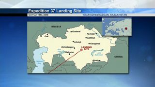 This NASA graphic depicts the target landing zone in central Kazakhstan for the Soyuz TMA-09M spacecraft returning the Olympic torch and Expedition 37 crew home from the International Space Station.