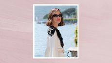 Keira Knightley is pictured with a wavy bob hairstyle and wearing sunglasses, and a white and black dress at the Chanel Cruise 2025 fashion show at Villa D'Este on April 29, 2025 in Como, Italy/ in a pastel purple watercolour paint-style template