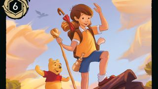 Christopher Robin, wearing a backpack, and Winnie the Pooh balance as they walk across a fallen tree trunk in Disney Lorcana 