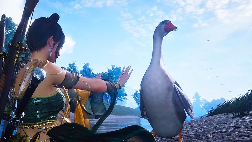 A screenshot of a Where Winds Meet YouTube video from user Rise. A woman holds her hands out toward a giant goose with a bright blue sky in the background.