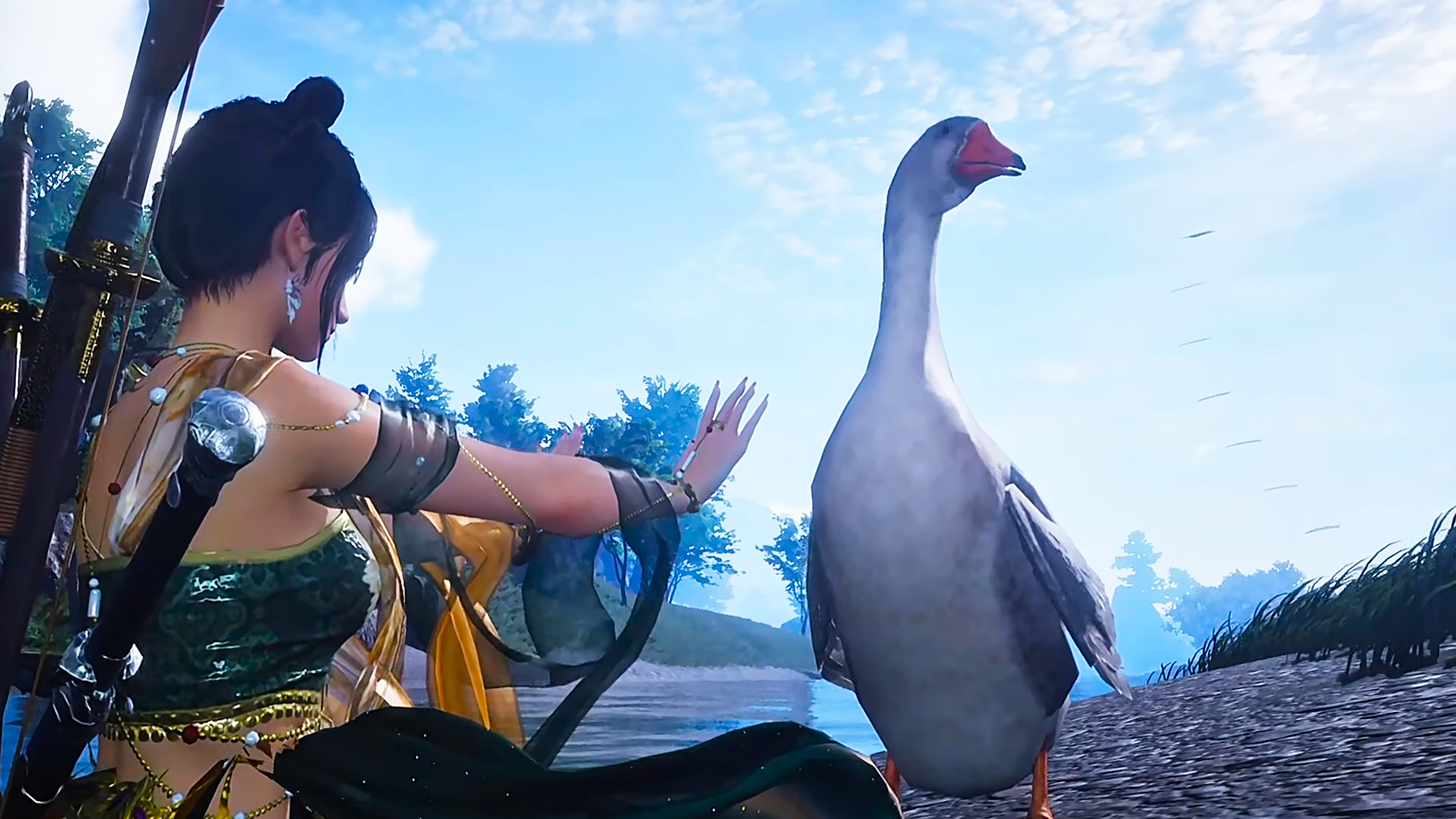 A screenshot of a Where Winds Meet YouTube video from user Rise. A woman holds her hands out toward a giant goose with a bright blue sky in the background.
