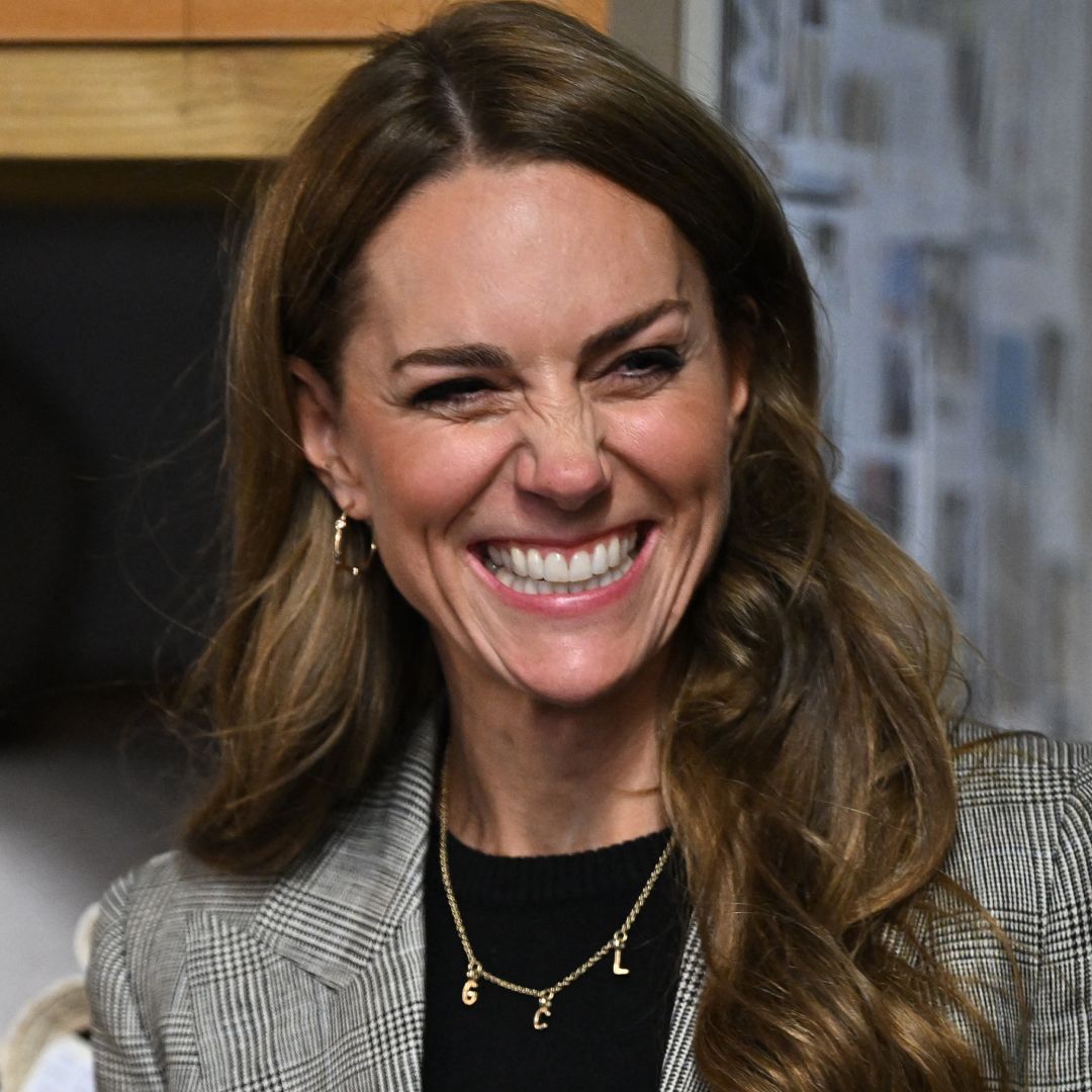 Kate Middleton attends engagement in in Sudbury wearing a plaid suit