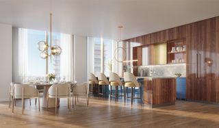 Kitchen featuring breakfast bar, dining table and wooden panels