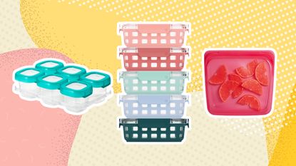 A trio of the best food storage containers on pink and yellow graphic background