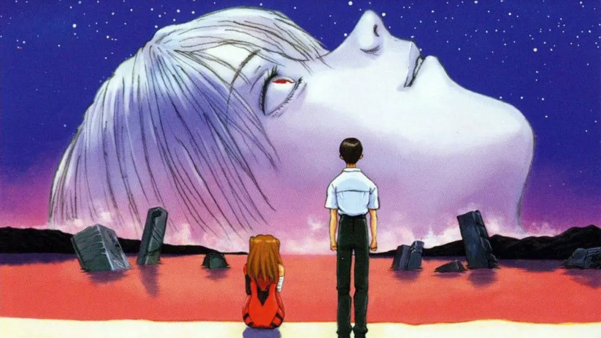 Shinji and Asuka stare at giant head in shot from End of Evangelion.