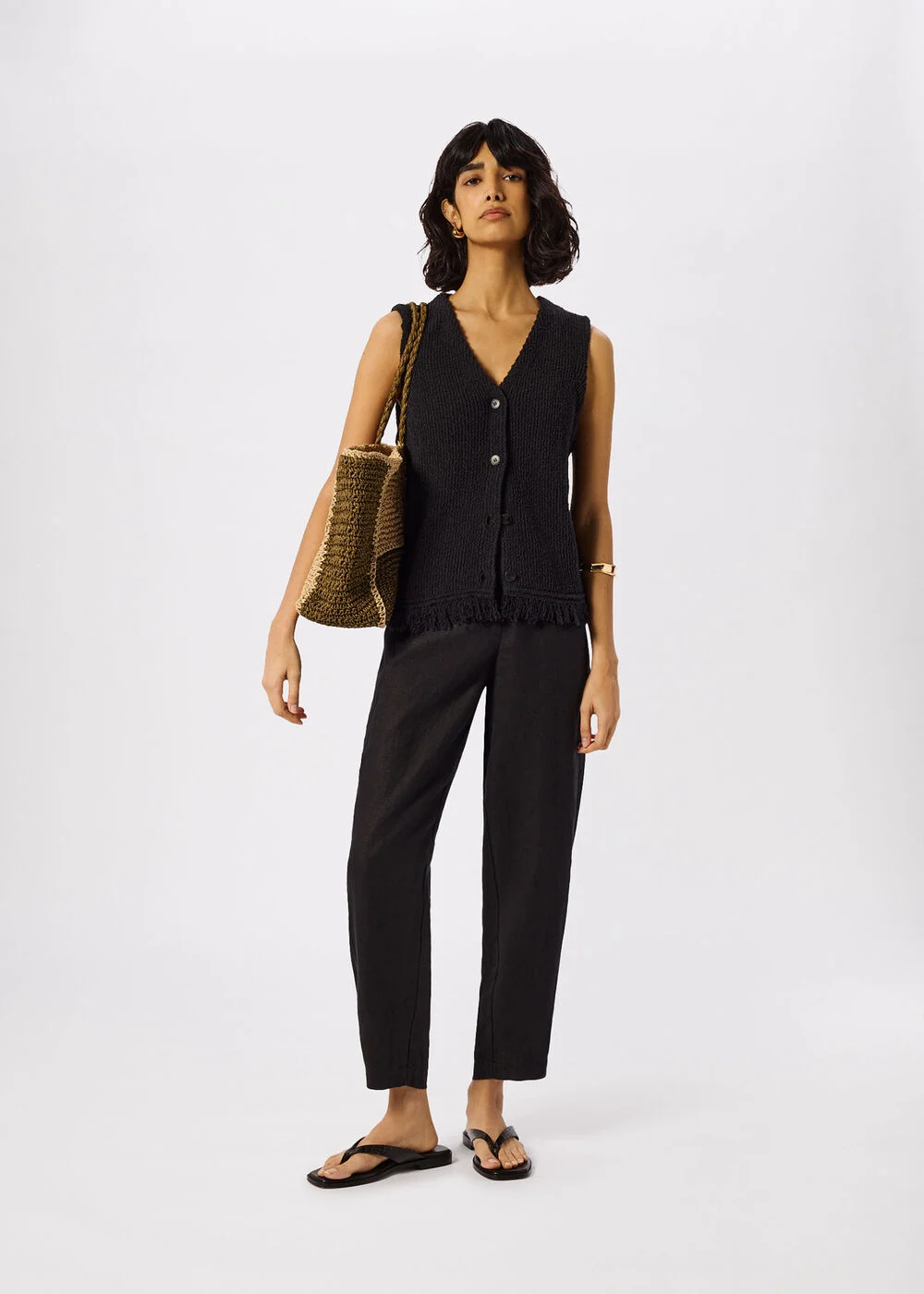 whistles, Black Petite Linen Barrel Leg Trouser