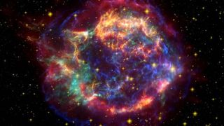 A colorized image of Cassiopeia A based on data from the Hubble, Spitzer and Chandra space telescopes.
