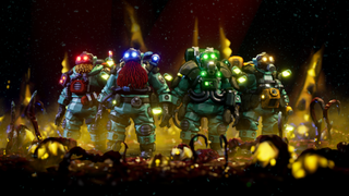 A screenshot of Deep Rock Galactic showing 4 dwarves in hazmat suits standing in a row.