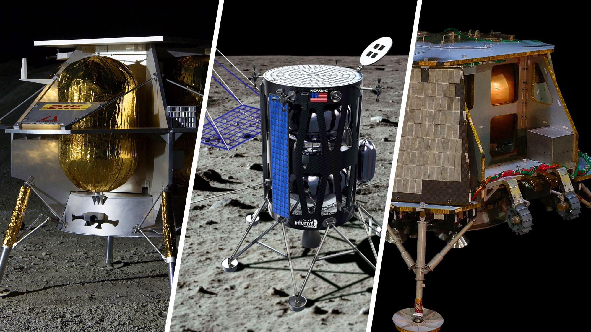 three separate illustrations of small lunar spacecraft, separated from each other by white lines. each spacecraft is depicted on the moon's surface or in black space