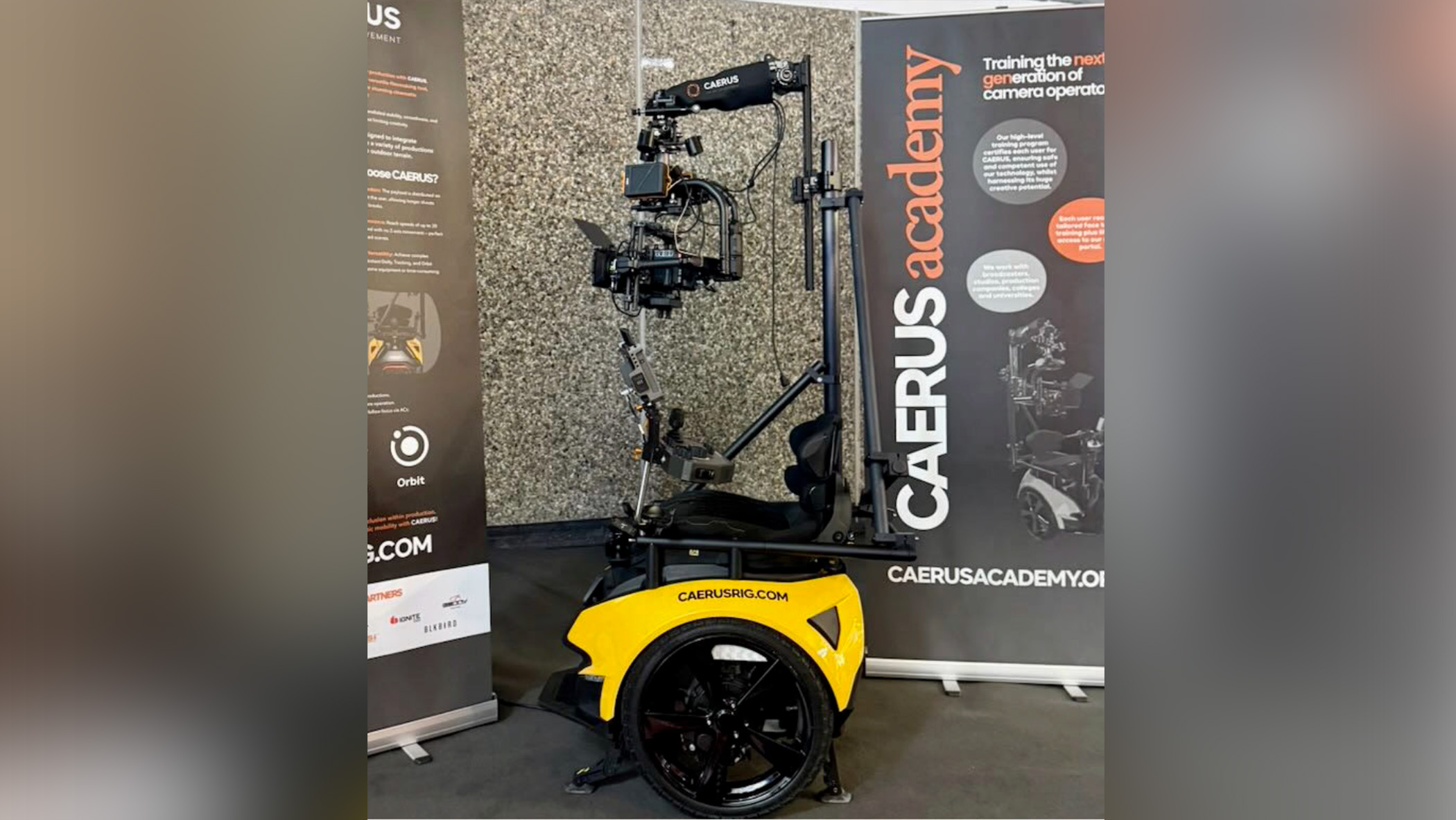 A wheelchair film camera rig system called CAERUS on display,