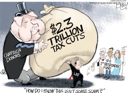 Political Cartoon U.S. Tax Cuts 9-11 First Responders Campaign Donors