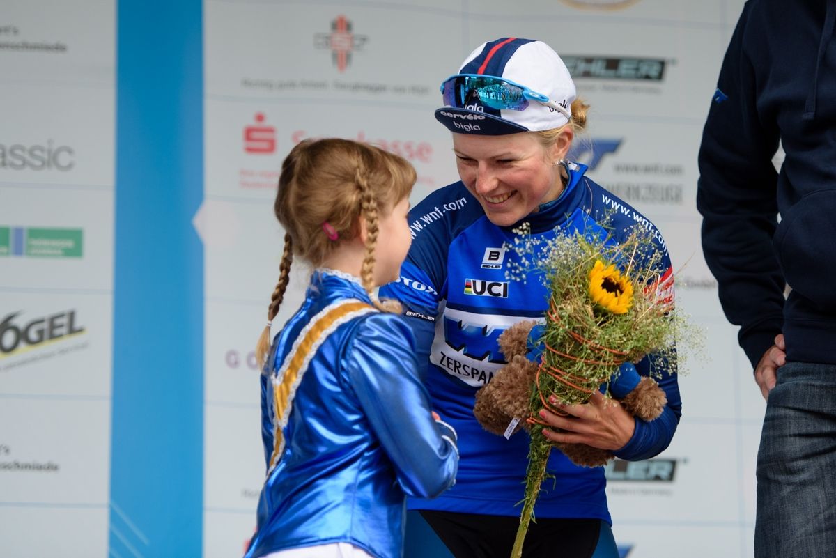 Lotta Lepisto (Cerv&Atilde;&copy;lo Bigla) receives her podium gifts for retaining the sprinters jersey at Thuringen Rundfarht 2016 - Stage 2