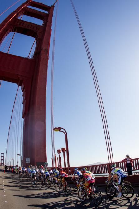 The peloton makes its way onto the Golden Gate Bridge.