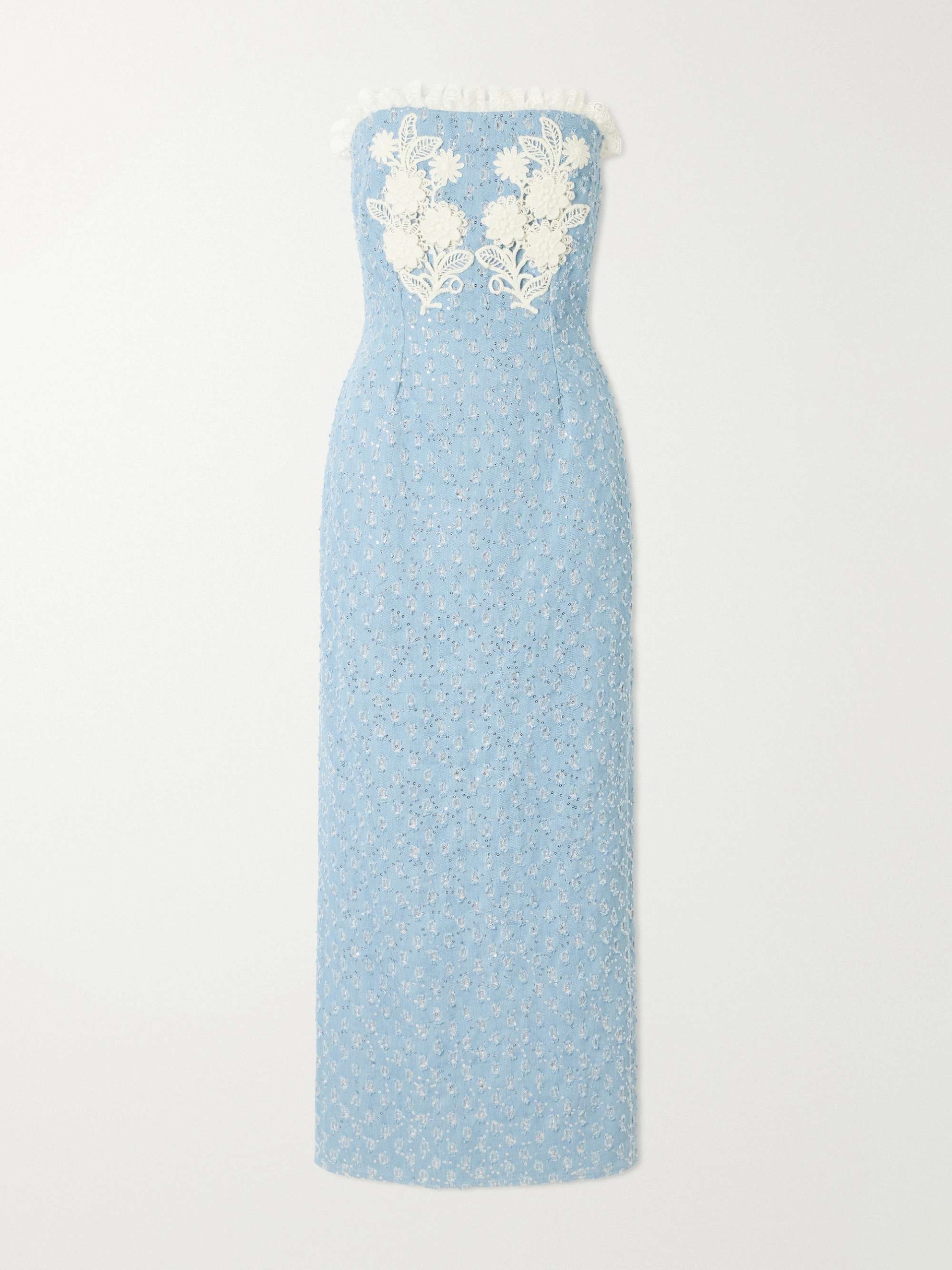 Appliqu&amp;eacute;d Sequin-Embellished Lace-Trimmed Denim Midi Dress