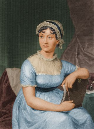 Portrait of a 19th century woman in a blue dress and bonnet