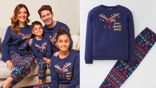 A family of four sitting on a sofa wearing matching Christmas pyjamas in navy, featuring a reindeer on the navy sweater and a Christmas design on the patterned trousers. On the right is a product shot of the navy Christmas pyjamas with "Merry Moose-mas" on the navy sweater