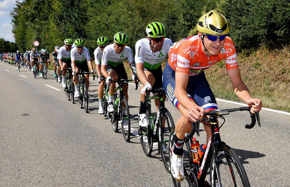 Matej Mohoric (Bahrain-Merida) drives the pace during stage 4 of the Deutschland Tour
