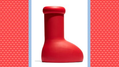 MSCHF big red boots on a red and pink background