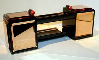 ﻿Pink mirrored, black lacquer, silver and coral desk ensemble
