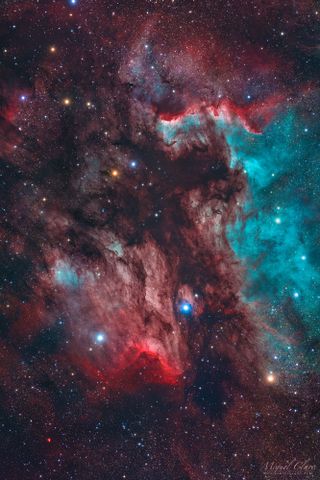 a colorful cloud of gas seen among bright background stars