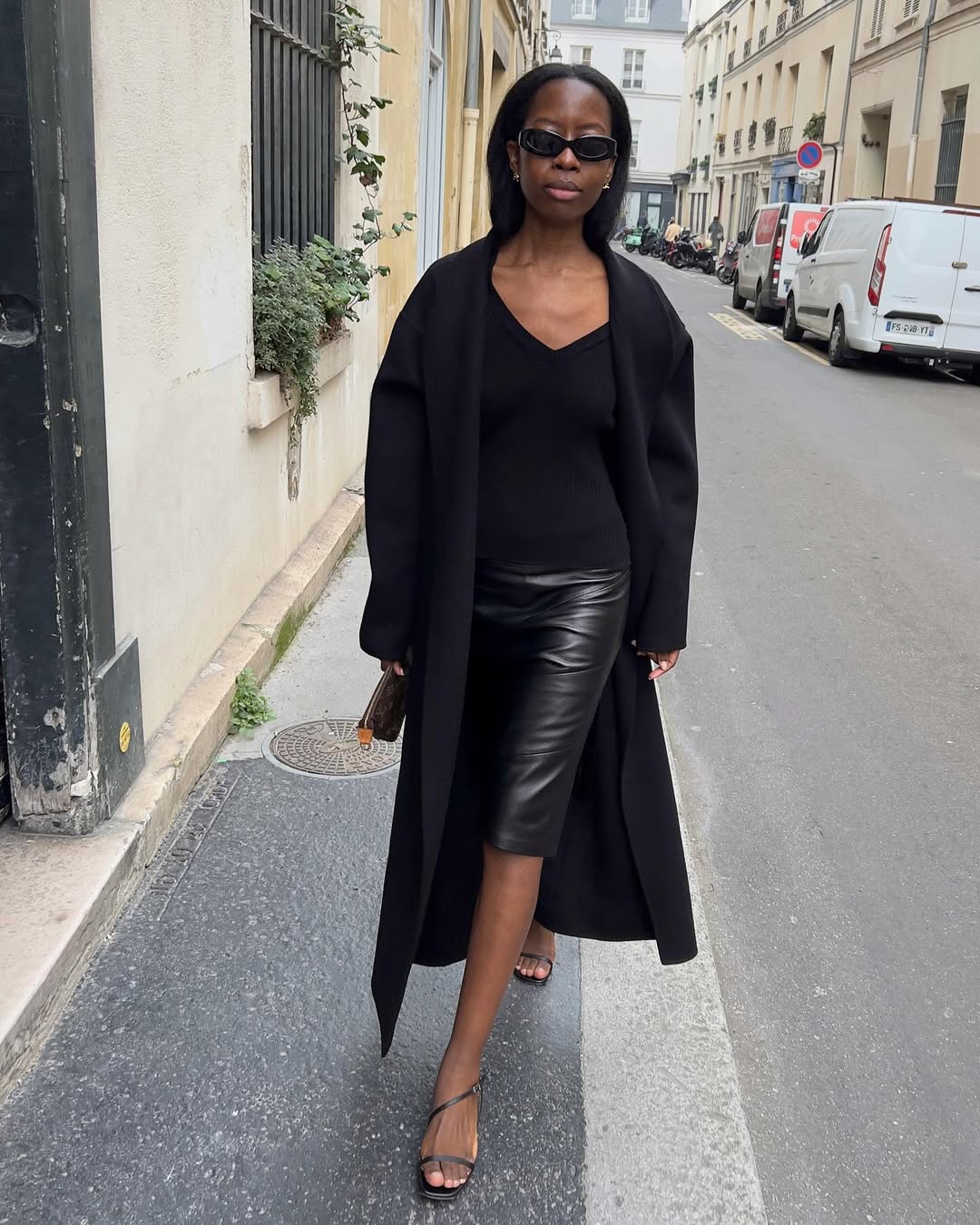 Sylvie Mus wearing strappy sandals in Paris.