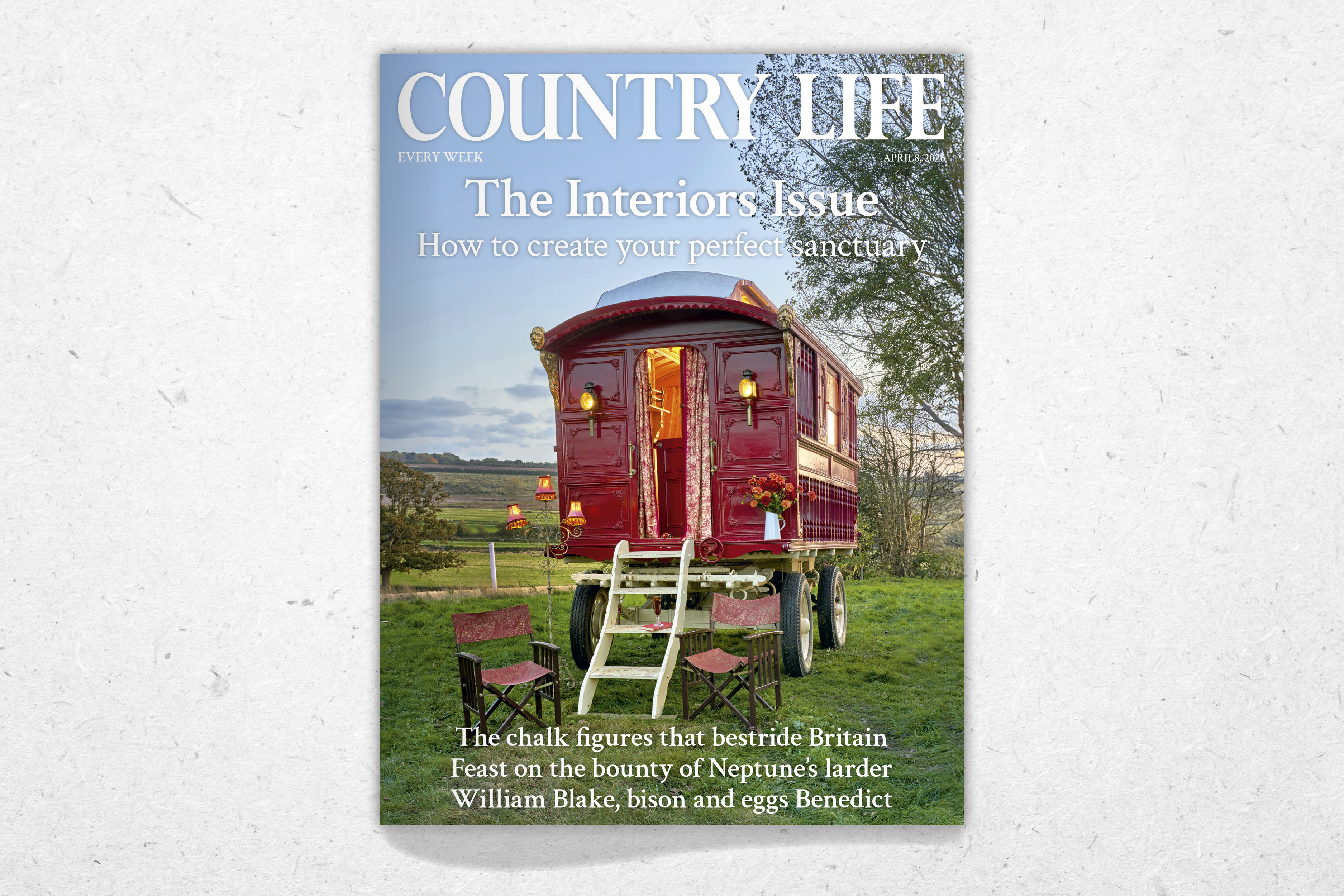 An image of the front cover of the April 8 issue of Country Life, featuring a gypsy caravan