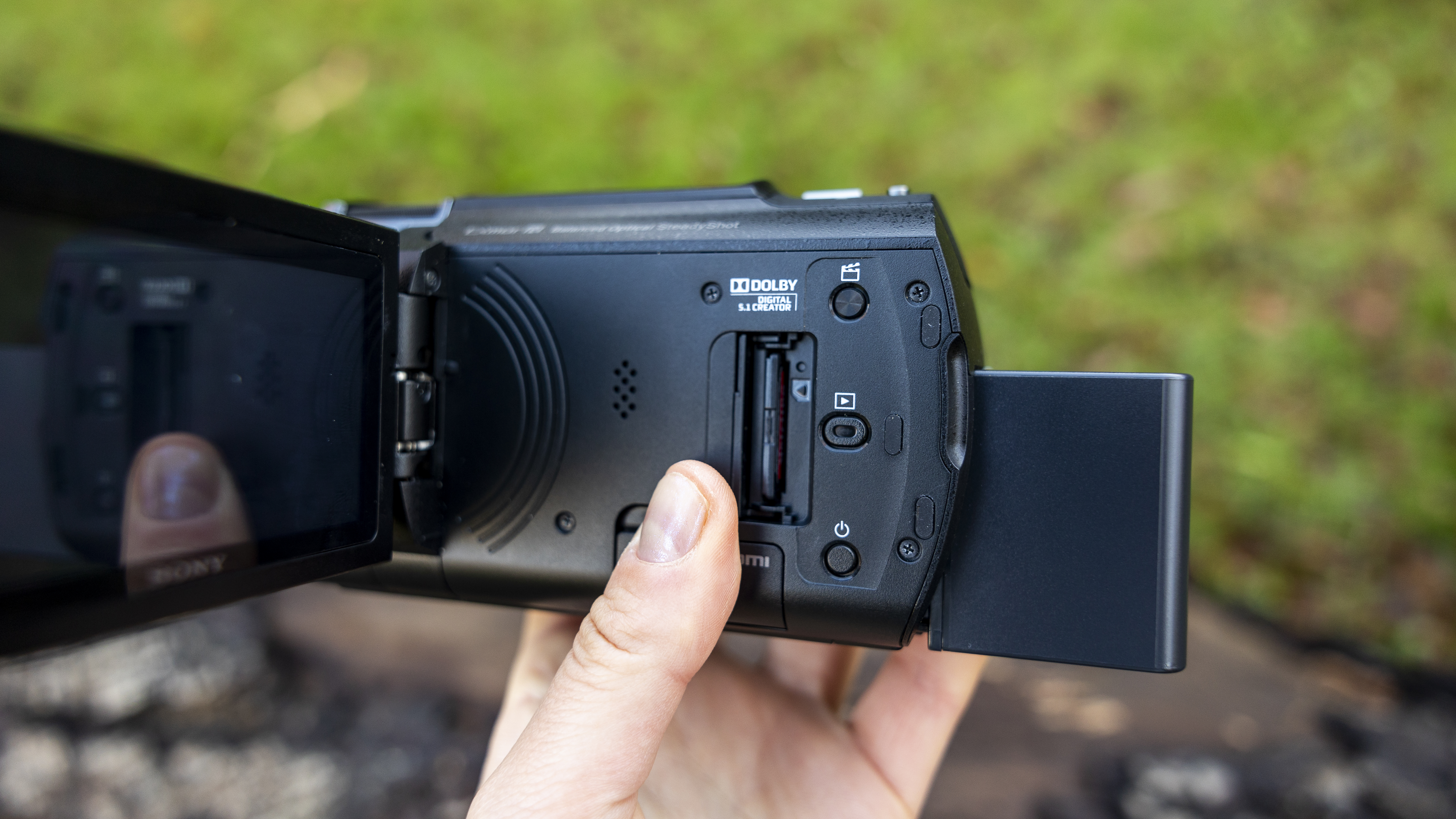 The SD card slot on the side of the Sony AX43