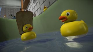 A screenshot from I Am Bread, showing the slice of bread balancing on a rubber duck in a bath.