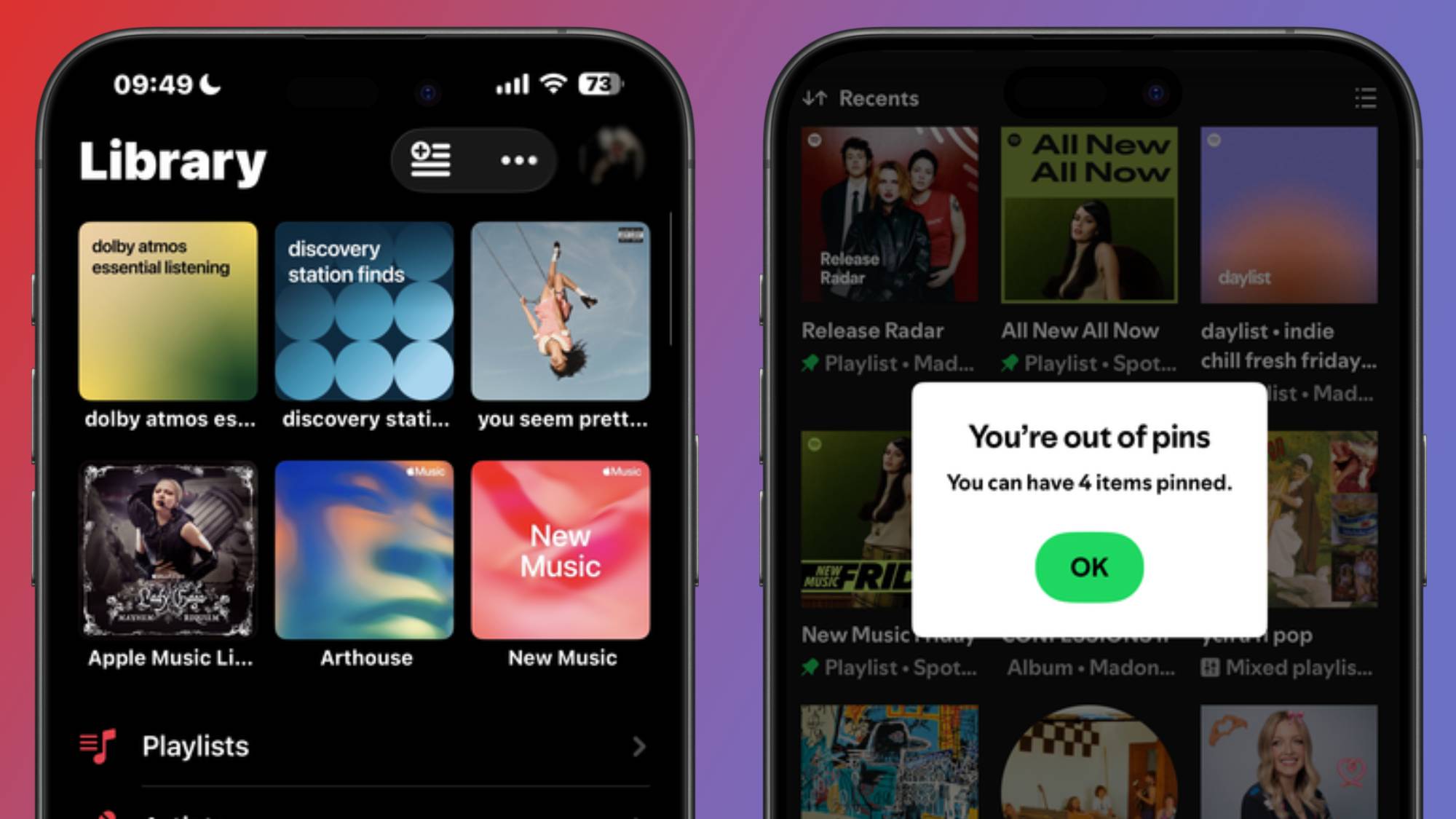 Two smartphones showing pinned items in Apple Music and Spotify
