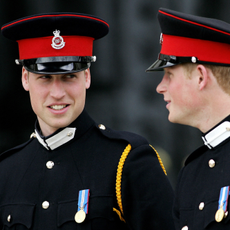 Britain's Prince William (L) and Prince Harry speak after the Sovereign's Parade at Sandhurst Military Acadamy, 12 April 2006.