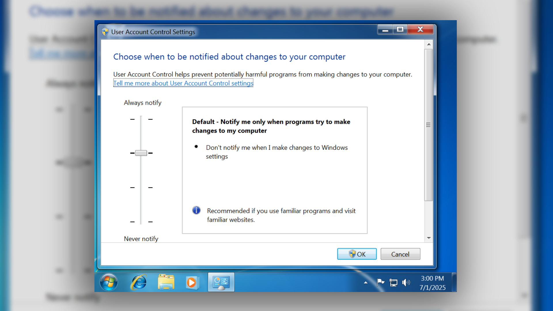 Windows 7 UAC settings screen