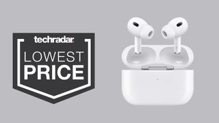 Apple AirPods Pro 2 on grey background with lowest price text overlay