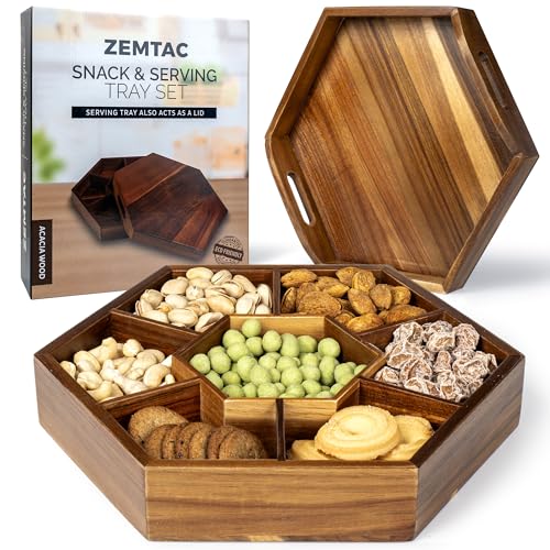 Snack Tray With Lid That Doubles as a Serving Tray - 13&quot;x11&quot; Acacia Wood Decorative Tray With 7 Compartments for Dry Fruits &amp;amp; Nuts, Hexagon Coffee Table or Ottoman Tray With Handles for Living Room