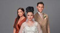 EastEnders Whitney in her wedding dress as bridesmaid Lauren and fiance Zack (who is wearing a suit) stand behind her.