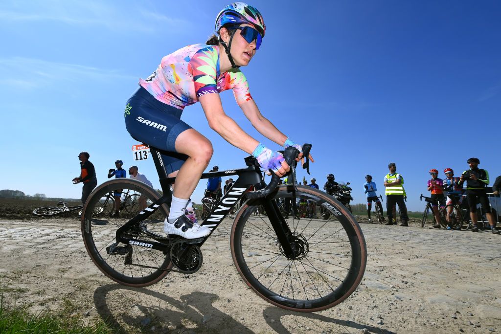 ROUBAIX FRANCE APRIL 16 Elise Chabbey of Switzerland and CanyonSRAM Racing Team competes through a cobblestones sector during the 2nd ParisRoubaix 2022 Womens Elite a 1247km one day race from Denain to Roubaix ParisRoubaixFemmes ParisRoubaix on April 16 2022 in Roubaix France Photo by Tim de WaeleGetty Images
