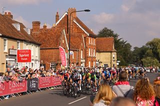 The peloton at the intermediate sprint in on stage 6 at The Women's Tour 2021