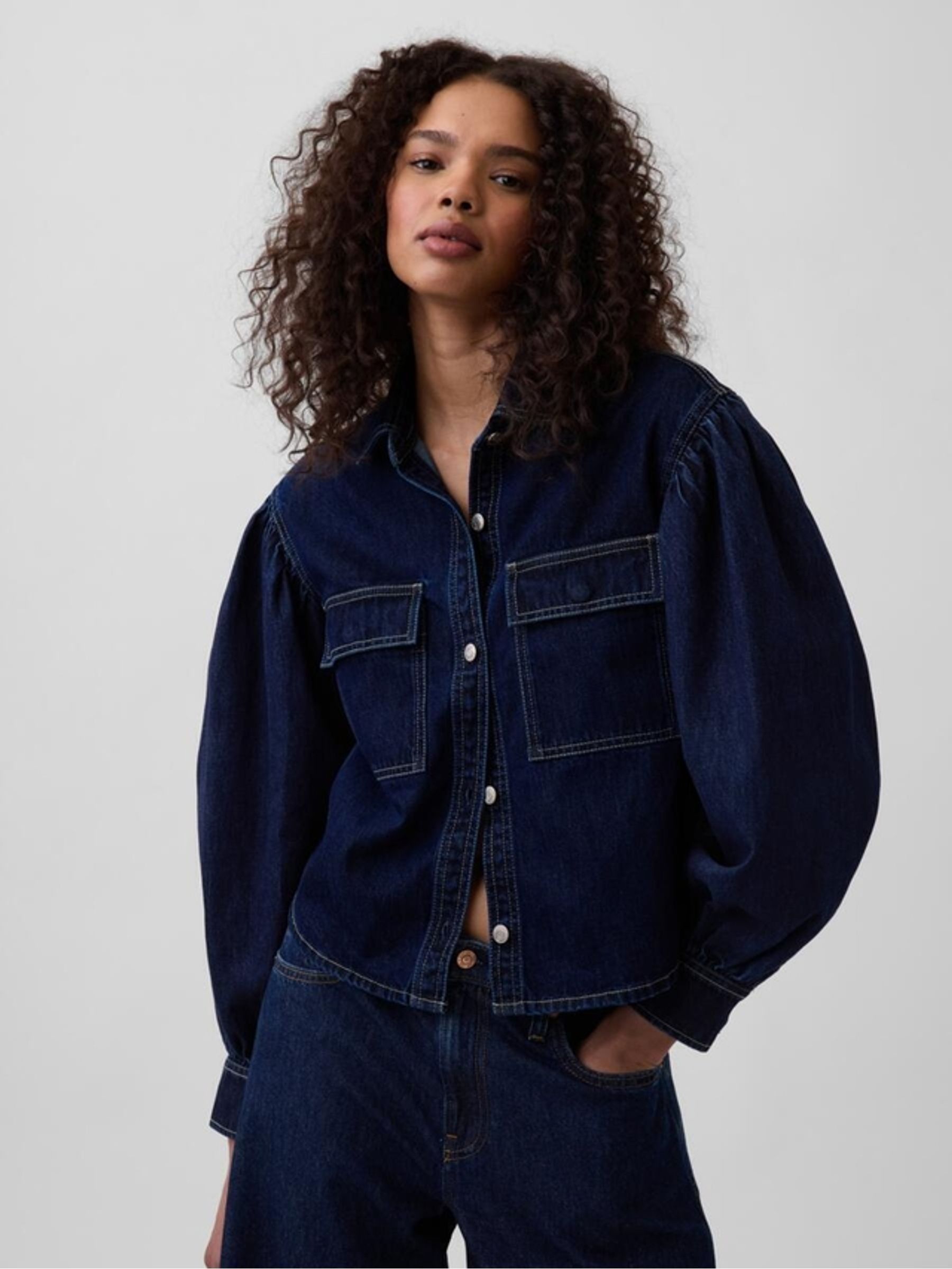 Gap X Harlem's Fashion Row Dark Wash Balloon Sleeve Denim Shirt