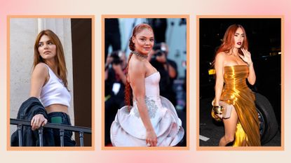Kendall Jenner, Tessa Thompson and Megan Fox all with copper hair in a cream and pink template