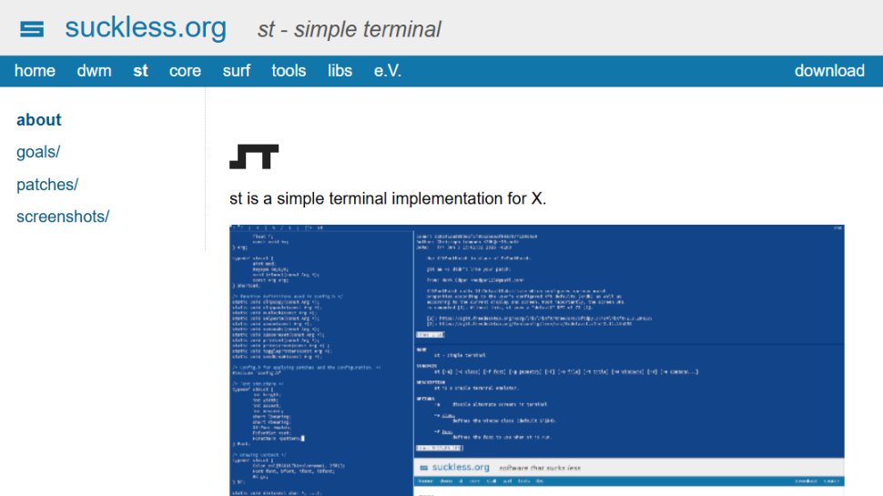 Website screenshot of st, simple terminal (August, 2025)