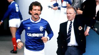 Graeme Souness as player-manager at Rangers runs onto the pitch at Ibrox in Scotland, Glasgow